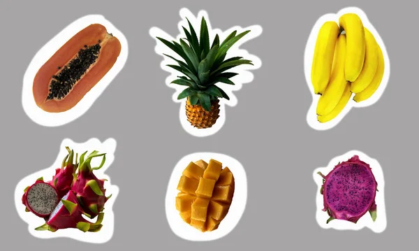 Set Stickers Fruits Papaya Pineapple Banana Dragon Fruit Mango — Stock Photo, Image