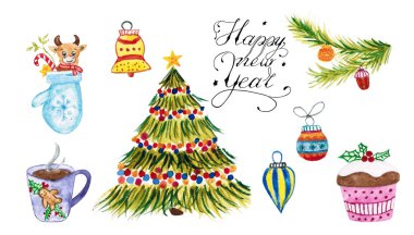 Suluboya Noel 'i. Noel ağacı, oyuncaklar, hediyeli eldivenler, pasta, oyuncaklar.