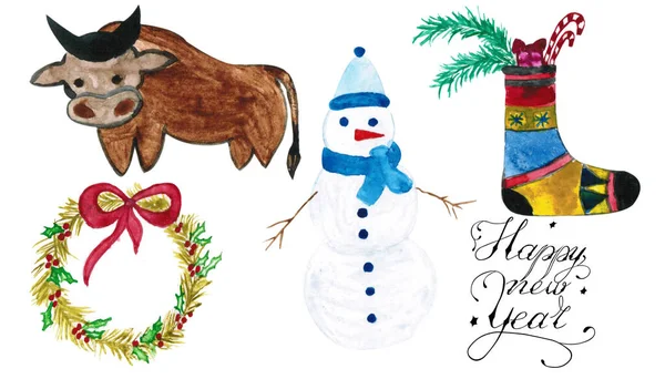 Akvarell Karácsonyi Készlet Bika Hóember Zokni Ajándékokkal Koszorú — Stock Fotó