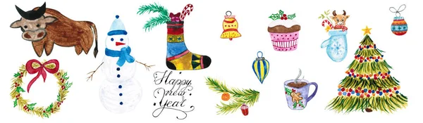 Akvarell Készlet Karácsony Karácsonyfa Játékok Kesztyű Ajándékokkal Torta Játékok Bika — Stock Fotó