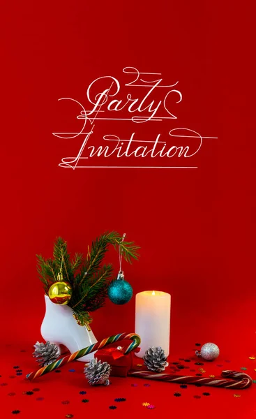 Meghívó Évre Karácsonyi Party Piros Háttér — Stock Fotó