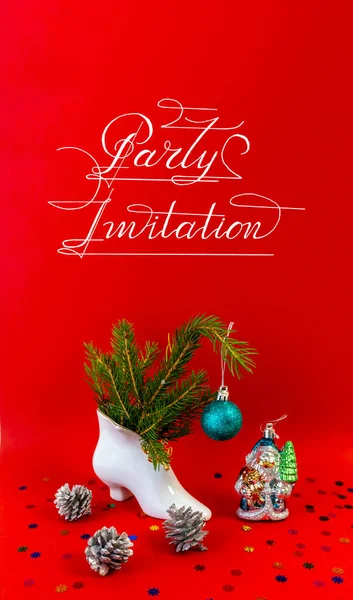 Pozvánka Nový Rok Vánoční Večírek Červeném Pozadí — Stock fotografie
