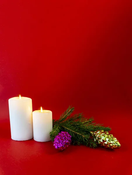 Weihnachtskarte Banner Flatlay Mit Kopie Leerzeichen Auf Rotem Hintergrund — Stockfoto