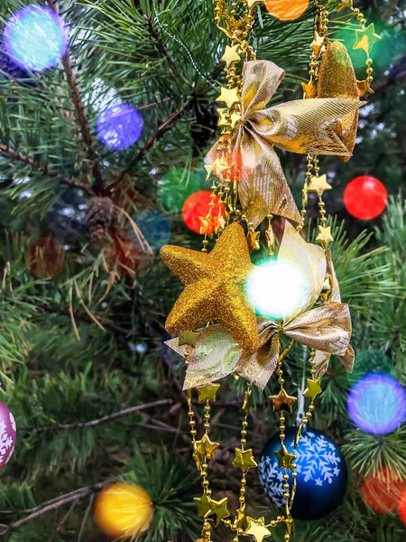 Postcards New Year Christmas Tree Baubles Bokeh Effect — Stock Photo, Image