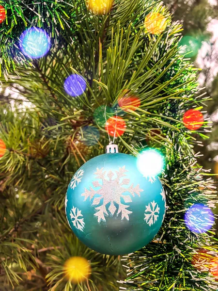 Postcards New Year Christmas Tree Baubles Bokeh Effect — Stock Photo, Image