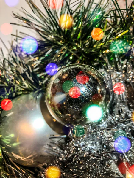 Postcards New Year Christmas Tree Baubles Bokeh Effect — Stock Photo, Image