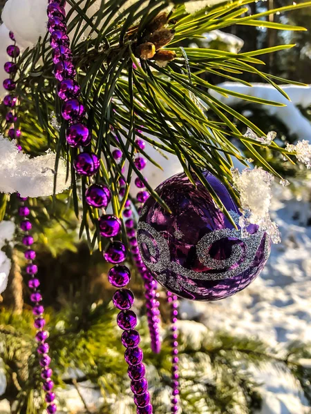 Kerstbal Sneeuw Kerstboom Winterbos Een Vakantie Natuur — Stockfoto