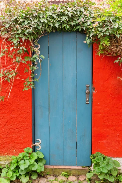 Foto Uma Porta Madeira Velha Pitoresca Uma Parede Vermelha — Fotografia de Stock