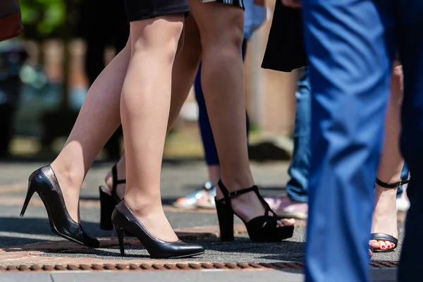 Benen van elegante geklede vrouwen staande buitenshuis — Stockfoto