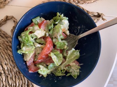 Domates salatası, sebze ve yoğurt.