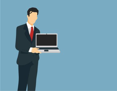 Takım elbiseli, kravatlı ve dizüstü bilgisayarlı bir iş adamı. Yeni teknolojiyi sunmak, öğretmek, bağlamak ve test etmek