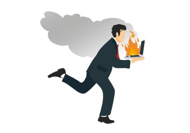 İş adamı elinde dizüstü bilgisayarla koşuyor. İş, finans, yatırım ve bağlantı teknolojisi. Ayakta ve tam boy