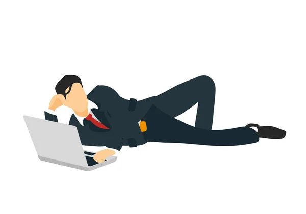Businessman relaxed and lying on the floor with laptop in his hands on new technology for business, finance, investment and connectivity. Standing and full-length — Stock Illustration Businessman Relaxed Lying Floor Laptop His Hands New Technology Business Vector Graphics