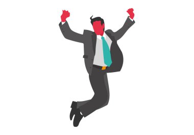 Kazanan iş adamı ve sevinçten havalara uçuyor. Resmi ofis takımı ve kravatıyla. Düz stil vektör görüntüsü. Ekonomist, finans adamı, kumarbaz, ofis çalışanı, patron.