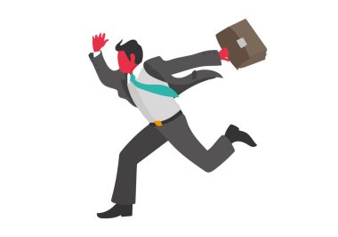  İşadamı aceleyle koşuyor. Resmi ofis takımı, kravat ve evrak çantası giymişti. Düz biçim vektör resmi.