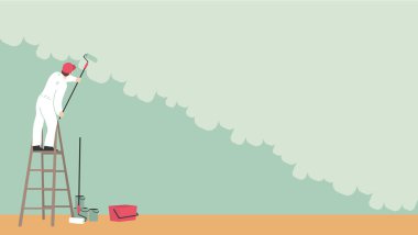 Duvarı boyayan merdiven ustası. Profesyonel ressam.