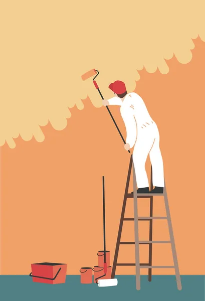 Handwerker Auf Einer Leiter Beim Bemalen Einer Wand Professioneller Maler — Stockvektor