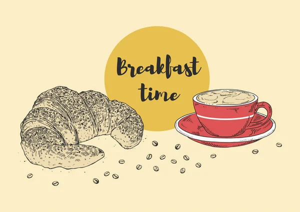 Kruvasanla Avrupa Kahvaltısı Sütlü Kahve Kahve Çekirdekleri Oymalı Klasik Çizimi — Stok Vektör
