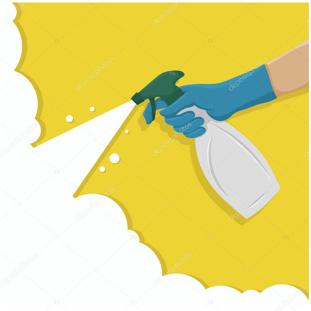 Set of Hand with hand sprayer spraying cleaning disinfecting.