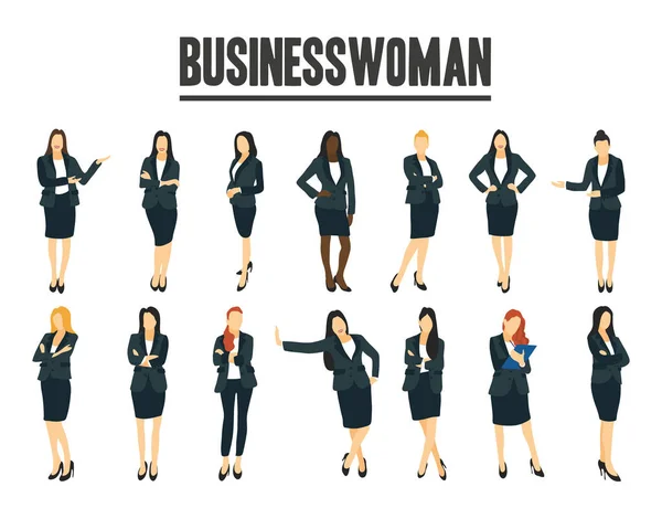 Set Femeie Afaceri Tinere Femei Afaceri Îmbrăcate Haine Elegante Birou — Vector de stoc
