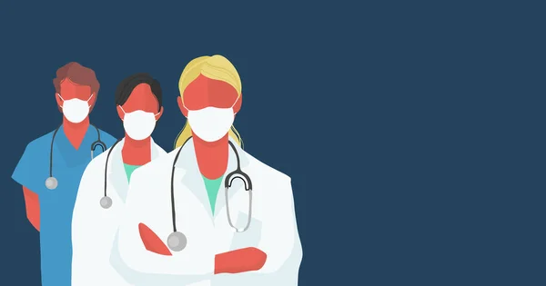 一组医生 站在医疗面具 团队精神 — 图库矢量图片