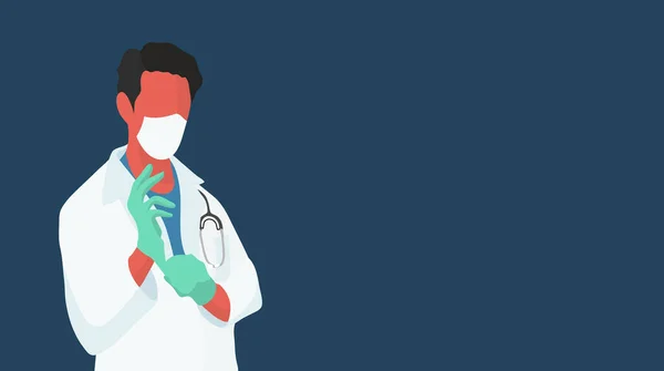 Arzt Mit Medizinischer Maske Zieht Zum Schutz Medizinische Handschuhe — Stockvektor