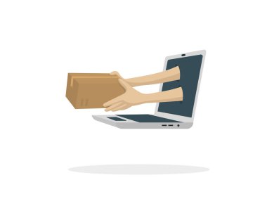 Dizüstü bilgisayardan gelen el ele tutuşmalar. İnternet alışverişi ve paket servisi.