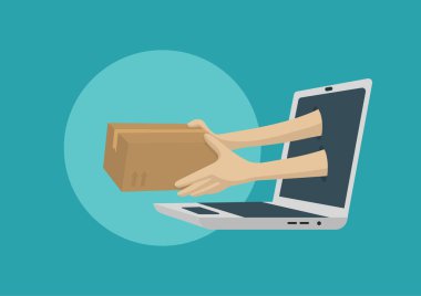 Dizüstü bilgisayardan gelen el ele tutuşmalar. İnternet alışverişi ve paket servisi.