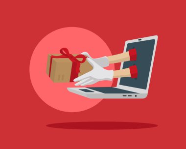 Noel Baba 'nın elleri dizüstü bilgisayardan gelen hediye paketini tutuyor. İnternet alışverişi ve paket servisi. Noel alışverişi