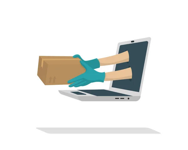 Hände Medizinischen Handschuhen Halten Das Paket Das Aus Einem Laptop — Stockvektor