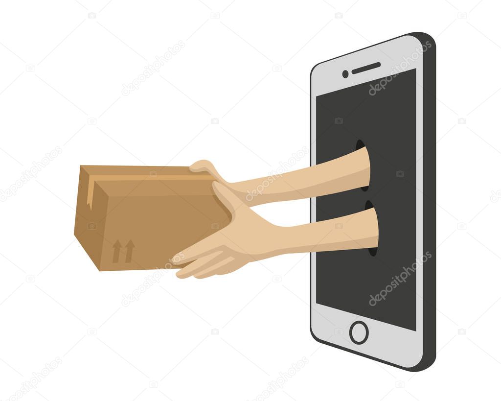 Hands holding package coming out of a smartphone. Online shopping service and parcels service.