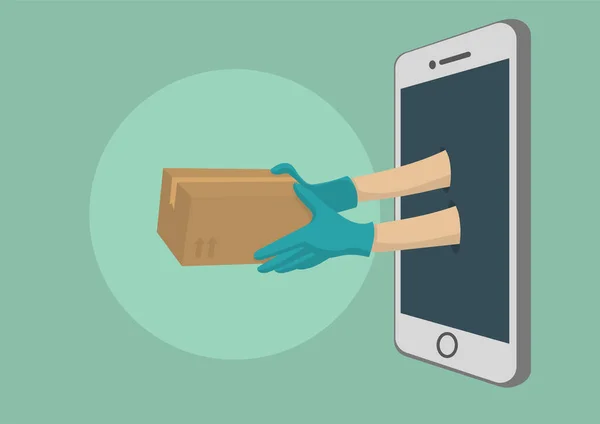 Mains Dans Les Gants Médicaux Tenant Paquet Sortant Smartphone Service — Image vectorielle