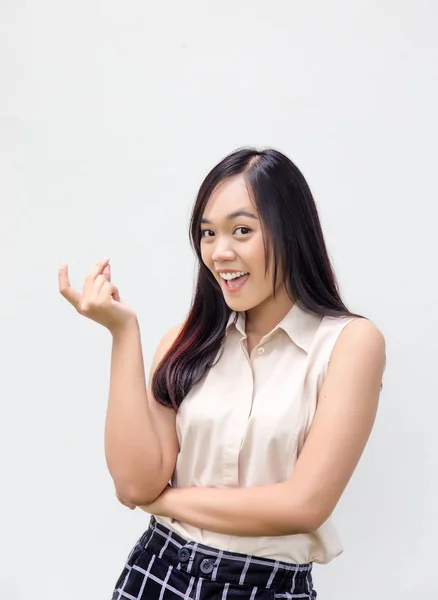 Asian Girl Knock Finger She Has Idea Casual Dress Background — Stock Photo, Image
