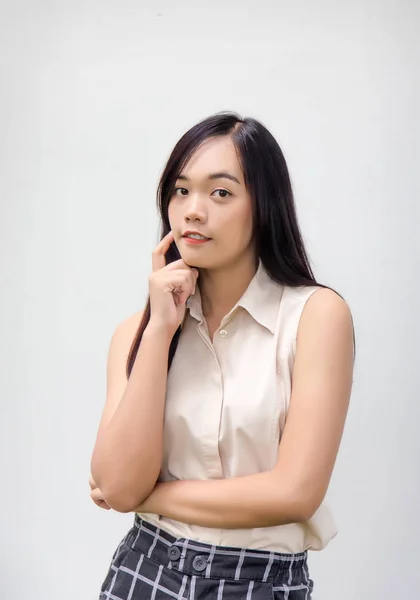 Portrait Asian Lady Smile Post Look Camera White Background — Stock Photo, Image