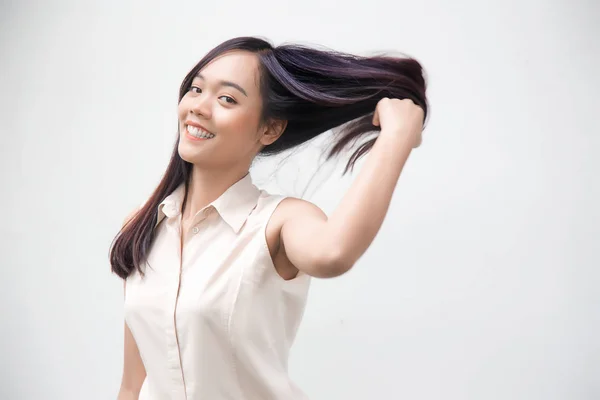 Asian Girl Show Longhair Blank Background Use Salon Health Care — Stock Photo, Image