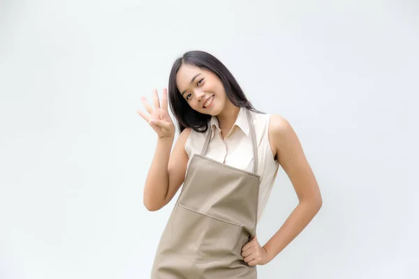 Asian Girl Show Four Fingers Look Camera Count First Process — Stock Photo, Image