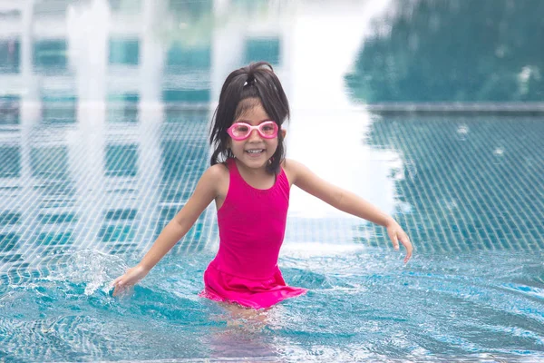 Cute Smile Asian Kid Love Play Water Pool Swimming Suite — Stock Photo, Image