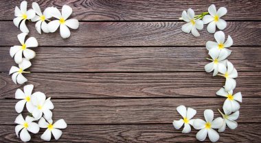 Ahşap masa ile kopya alanı için arka plan üzerinde beyaz frangipapi çiçek. frangipapi çiçek aroması çiçek ve Asya spa konsept sembolü olduğunu.