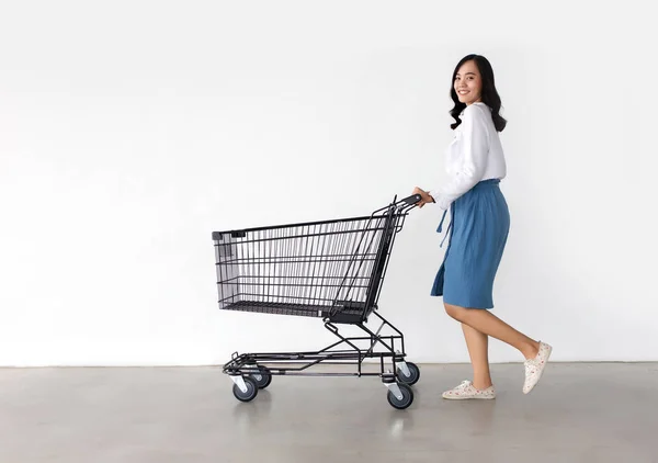 Szczęśliwy Asian Pani Zakupy Akcji Koszyka Białym Tle — Zdjęcie stockowe