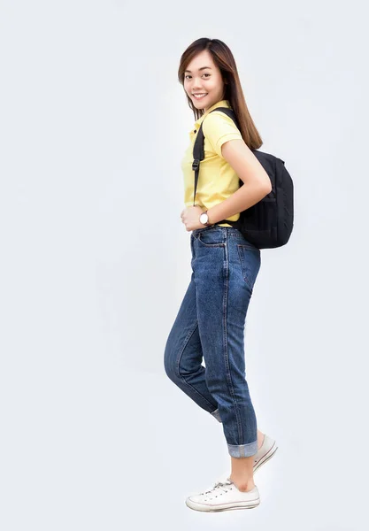 Asian Teenage Hold Backpack Belt Walk Action White Isolate Background — Stock Photo, Image