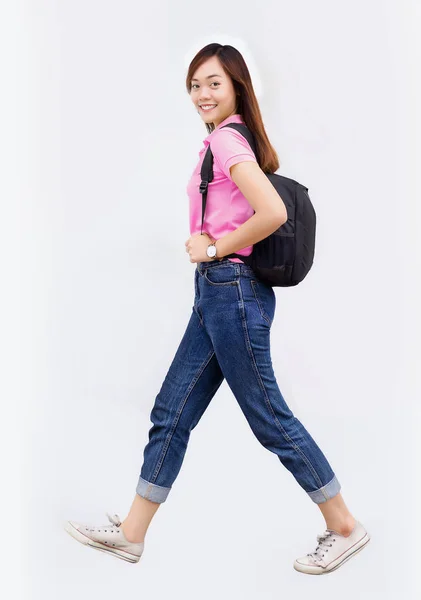 Asian Teenage Hold Backpack Belt Walk Action White Isolate Background — Stock Photo, Image