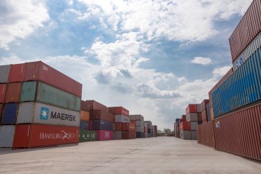8 October 2018 , Bangkok, Thailand. lot of containner in cargo at dock with many brand at Bangkok Thailand. clipart