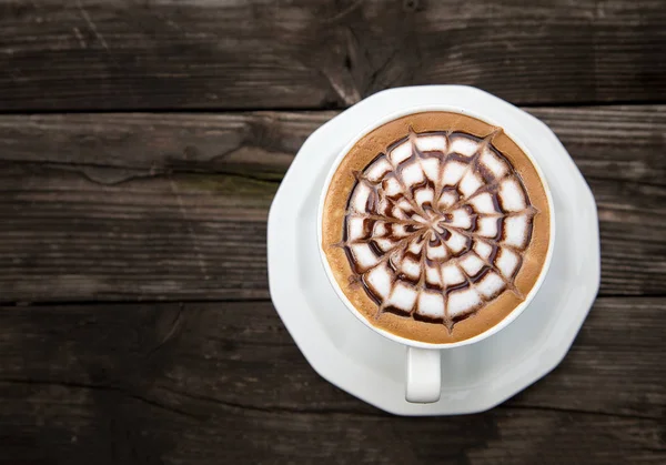 Sen Kaffekopp Trä Bord Morgon Tiden Från Ovanifrån — Stockfoto