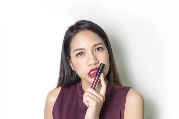 Cute asian lady smile with pink lipstick on studio shot. — Stock Photo, Image