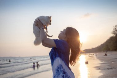 Plaj güneş ışık Bayan kucaklamak köpek.