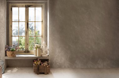 Pencere rafında çiçek olan retro tarzı arkaplan için çimento duvarlı eski model kulübe dekorasyonu 