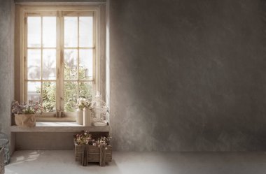 Pencere rafında çiçek olan retro tarzı arkaplan için çimento duvarlı eski model kulübe dekorasyonu 