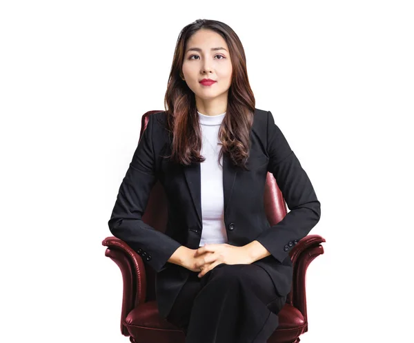Porträt Gute Einstellung Persönlichkeit Asiatische Business Wooman Sitzt Auf Sessel lizenzfreie Stockbilder