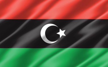 Libya grafiğinin ipek dalgalı bayrağı. Dalgalı Libya bayrağı 3 boyutlu illüstrasyon. Dalgalanan Libya ülke bayrağı özgürlük, vatanseverlik ve bağımsızlığın bir simgesi.