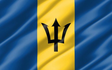 Barbados grafikli ipek dalgalı bayrak. Dalgalı Barbadoslu bayrak 3 boyutlu illüstrasyon. Dalgalanan Barbados bayrağı özgürlük, vatanseverlik ve bağımsızlığın bir sembolüdür..
